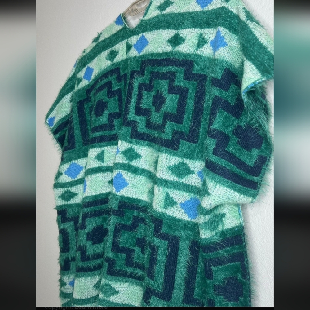 Free People Boho Kimono Poncho Diamondback Design Emerald Blue OS 36.5"W 32"LNew - Picture 5 of 10